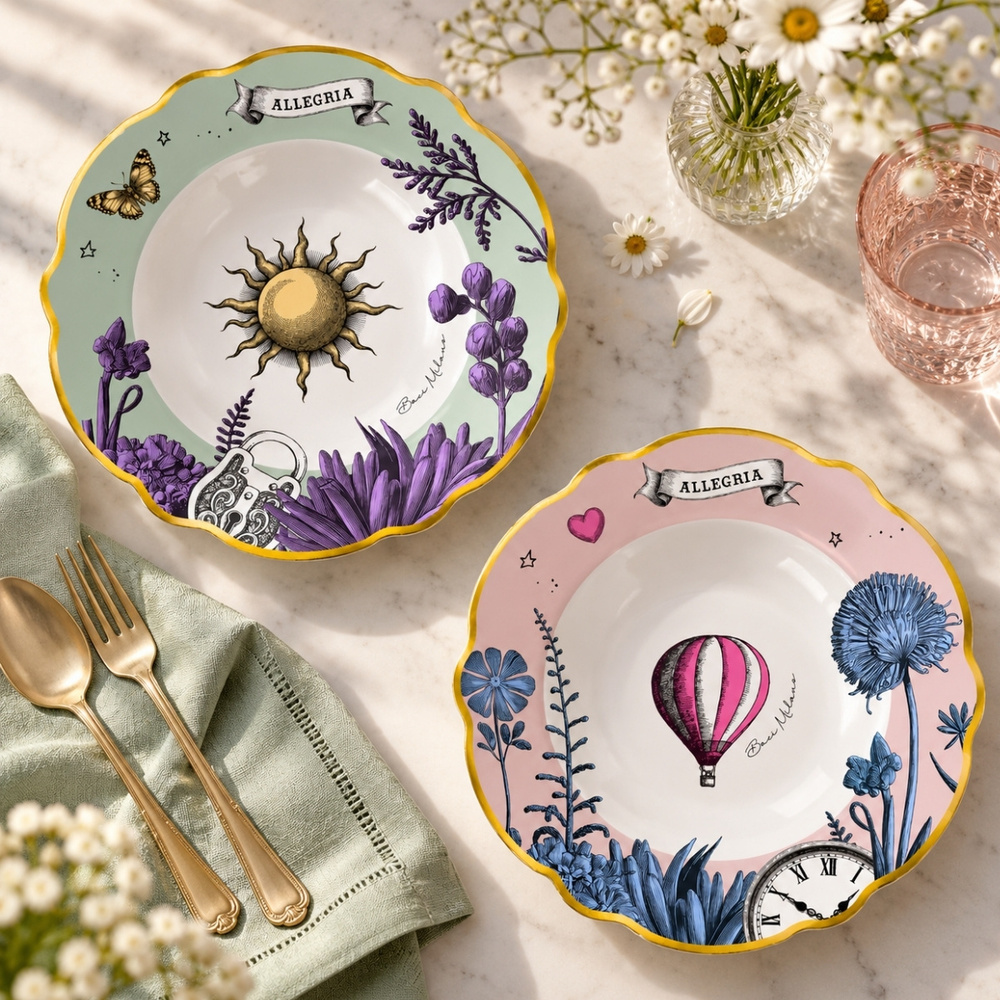 Baci Milano Allegria  Pembe ve Yeşil Karışık Desenli 6 Parça Mix Porselen Çukur Tabağı 22 cm görseli 2