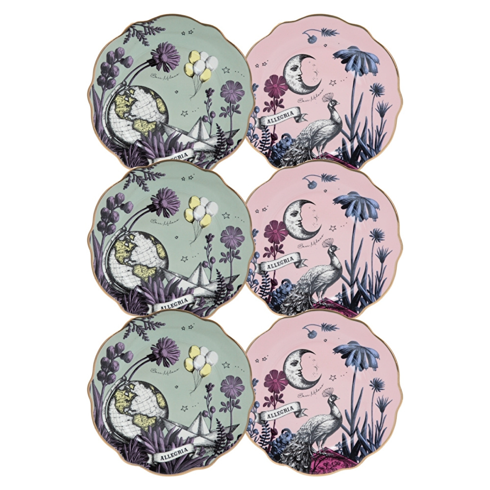 Baci Milano Allegria Pembe ve Yeşil Karışık Desenli 6 Parça Mix Porselen Pasta Tabağı 22 cm görseli 2