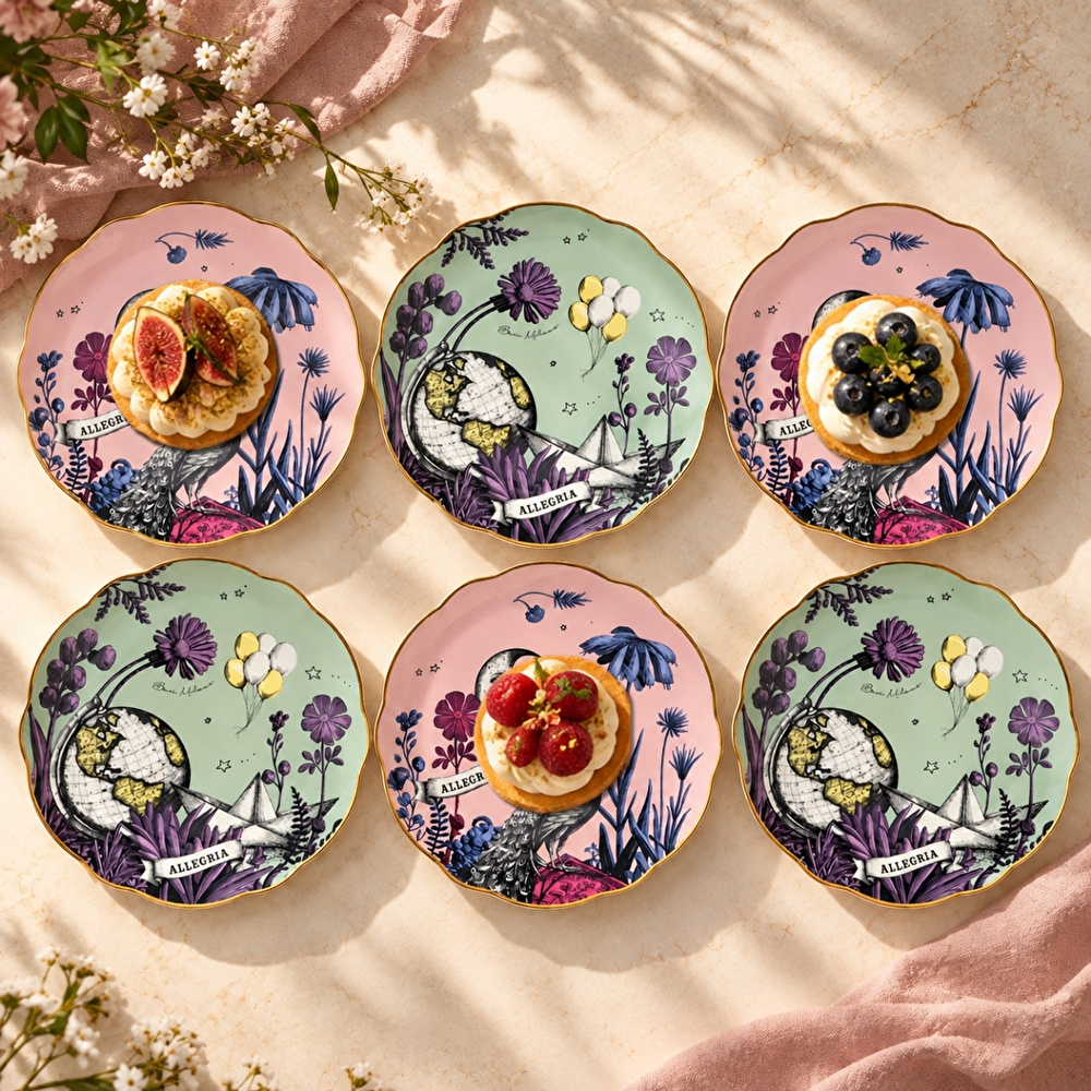 Baci Milano Allegria Pembe ve Yeşil Karışık Desenli 6 Parça Mix Porselen Pasta Tabağı 22 cm görseli 1