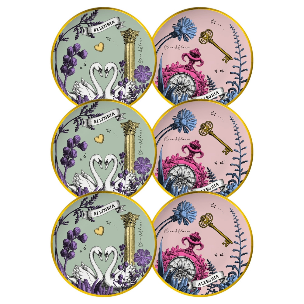 Baci Milano Allegria  Pembe ve Yeşil Karışık Desenli 6 Parça Mix Porselen Ekmek Tabağı 16 cm görseli 1