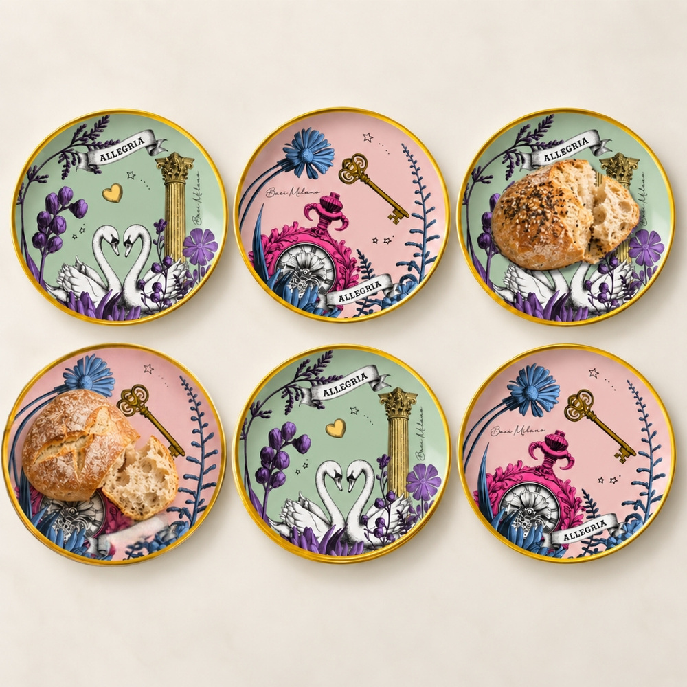 Baci Milano Allegria  Pembe ve Yeşil Karışık Desenli 6 Parça Mix Porselen Ekmek Tabağı 16 cm görseli 2
