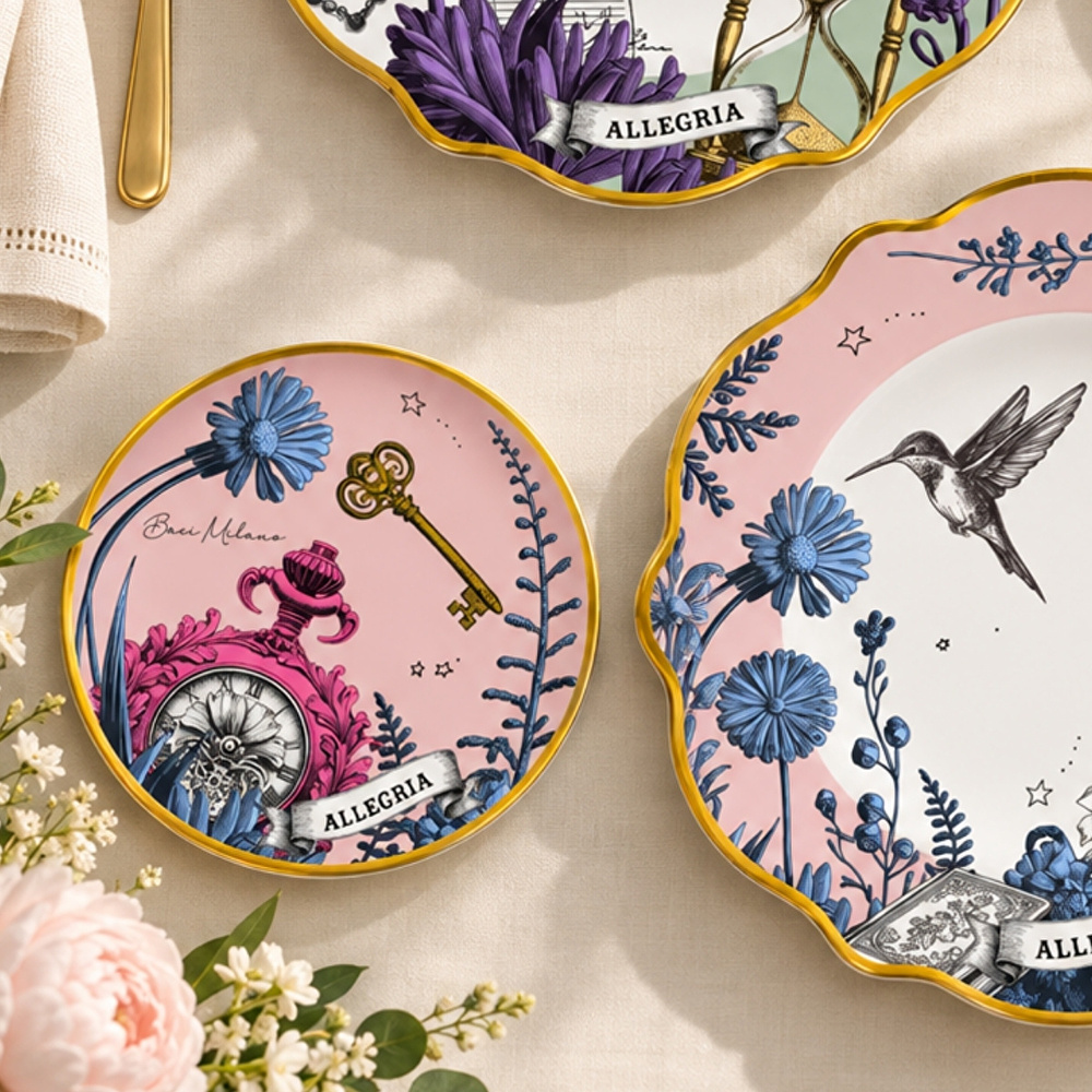 Baci Milano Allegria  Pembe ve Yeşil Karışık Desenli 6 Parça Mix Porselen Ekmek Tabağı 16 cm görseli 4