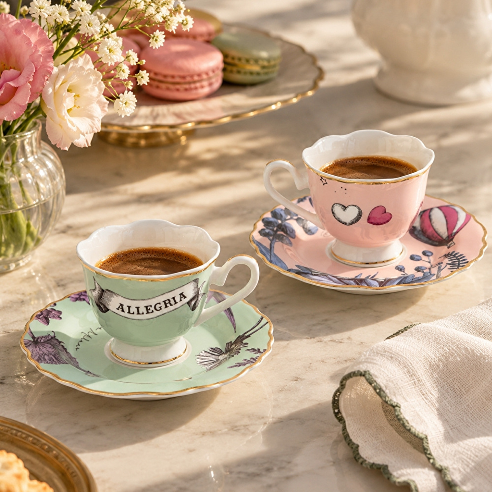 Baci Milano Allegria Pembe ve Yeşil 4 Parça 2 Kişilik Espresso Türk Kahvesi Fincanı ve Tabağı (Tabak Ø 13 cm, Fincan  Ø 7 cm, H 5,5 cm) görseli 1