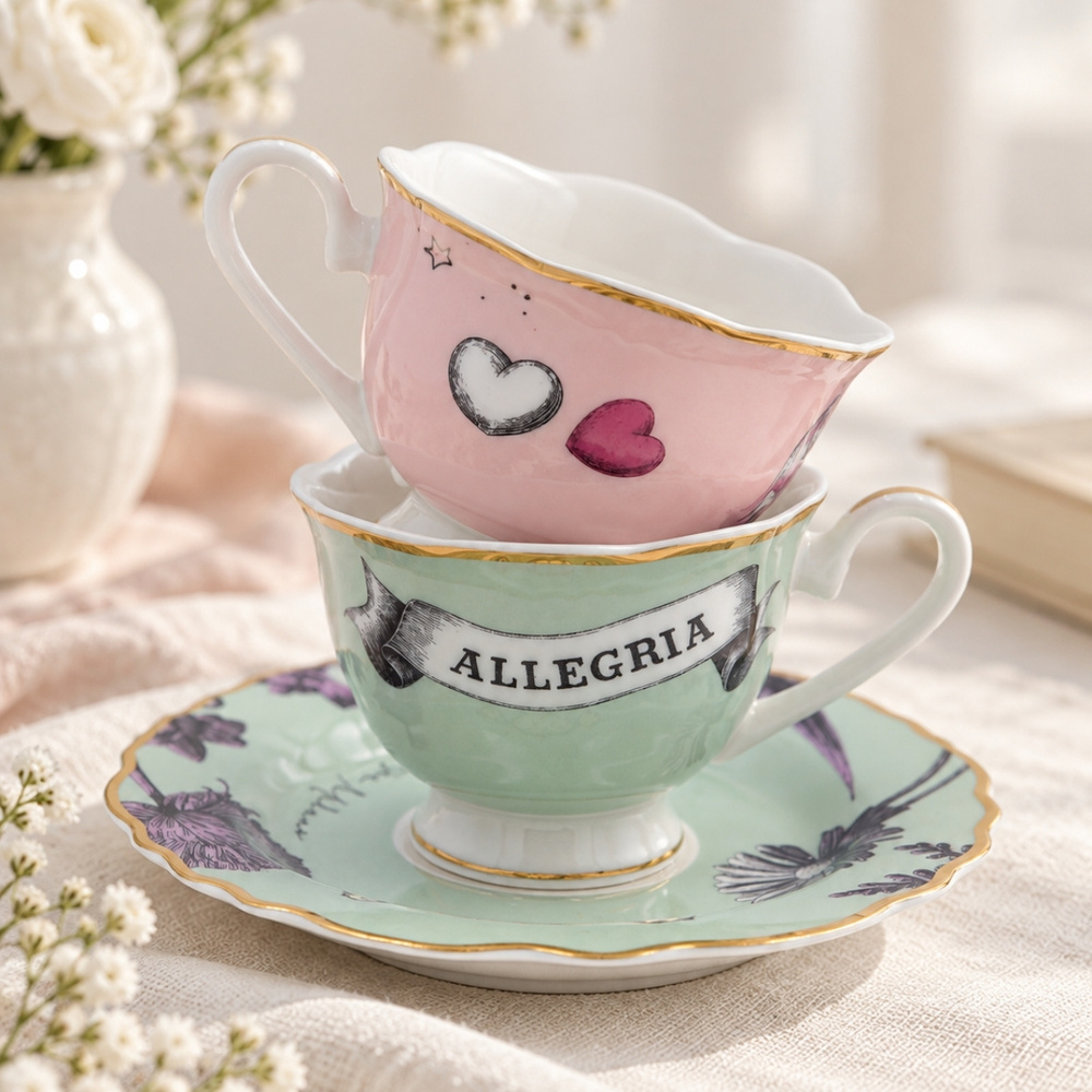Baci Milano Allegria Pembe ve Yeşil 4 Parça 2 Kişilik Espresso Türk Kahvesi Fincanı ve Tabağı (Tabak Ø 13 cm, Fincan  Ø 7 cm, H 5,5 cm) görseli 2