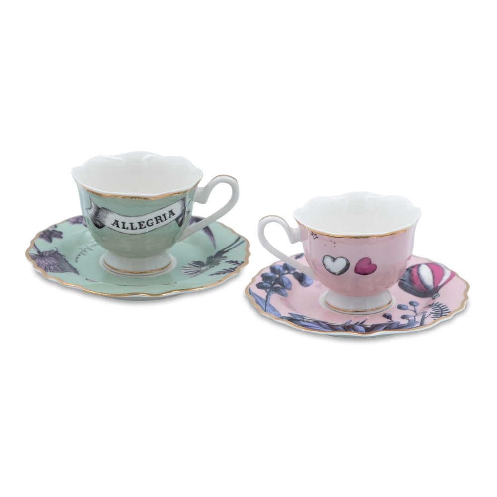 Baci Milano Allegria Pembe ve Yeşil 4 Parça 2 Kişilik Espresso Türk Kahvesi Fincanı ve Tabağı (Tabak Ø 13 cm, Fincan  Ø 7 cm, H 5,5 cm) görseli 3