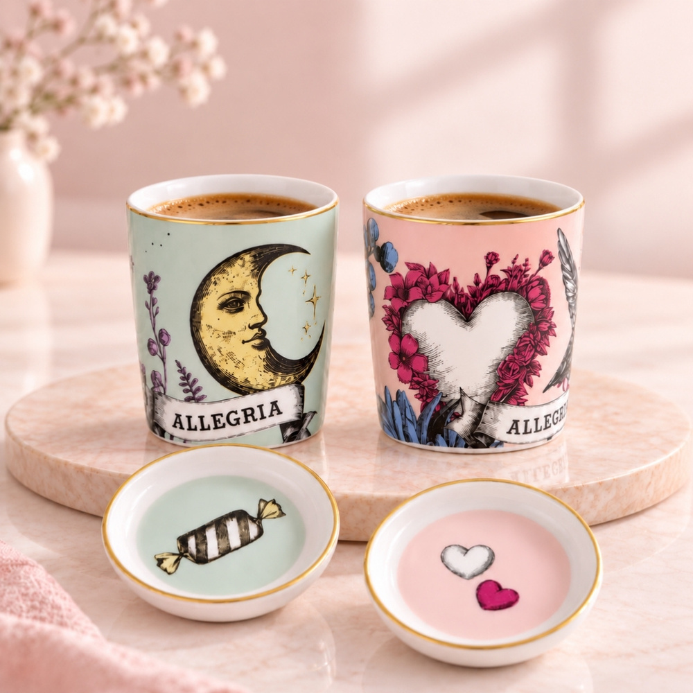Baci   Milano Allegria Pembe ve Yeşil 4 Parça Kapaklı/Tabaklı 2 Kişilik Espresso   Seti Ø 5,5 cm, H 7 cm görseli 3