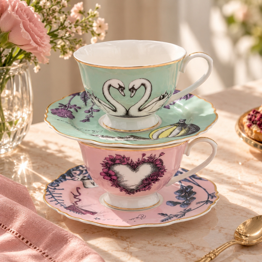 Baci Milano Allegria Pembe ve Yeşil 4 Parça 2 Kişilik Çay Fincanı ve Tabağı (Tabak Ø 16 cm, Fincan  Ø 9,5 cm, H 6,5 cm) görseli 1