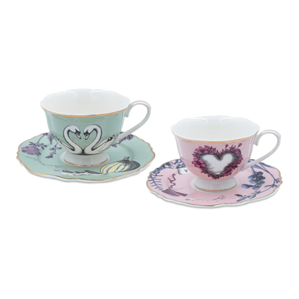 Baci Milano Allegria Pembe ve Yeşil 4 Parça 2 Kişilik Çay Fincanı ve Tabağı (Tabak Ø 16 cm, Fincan  Ø 9,5 cm, H 6,5 cm) görseli 5
