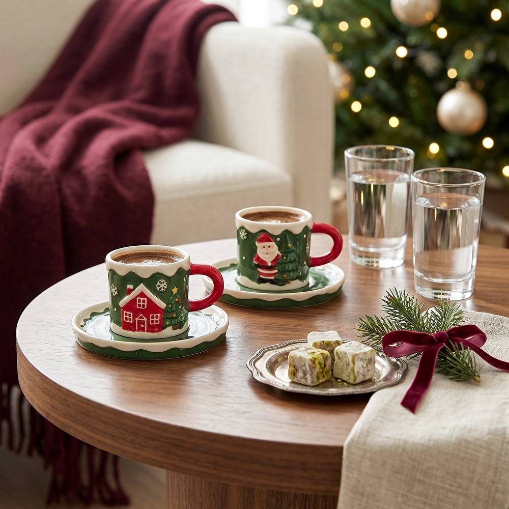 Karaca New Year Yılbaşı Santa House 2 Kişilik Kahve Fincan Takımı 110 ml görseli 2
