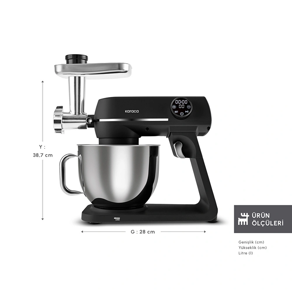 Karaca Multichef Artisan Kıyma Çekme/ Sucuk-Sosis/İçli Köfte Aparatlı Digital Ekran Tam Döküm Kıyma Aparatlı Hamur Yoğurma Makinesi Black 7L görseli 3