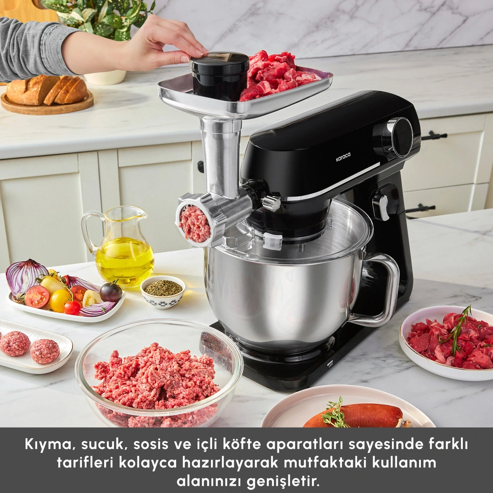 Karaca Multichef Artisan Kıyma Çekme/ Sucuk-Sosis/İçli Köfte Aparatlı Digital Ekran Tam Döküm Kıyma Aparatlı Hamur Yoğurma Makinesi Black 7L görseli 8