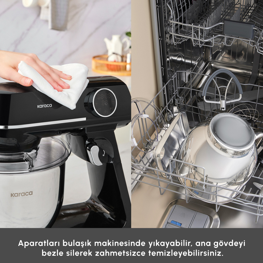 Karaca Multichef Artisan Kıyma Çekme/ Sucuk-Sosis/İçli Köfte Aparatlı Digital Ekran Tam Döküm Kıyma Aparatlı Hamur Yoğurma Makinesi Black 7L görseli 9