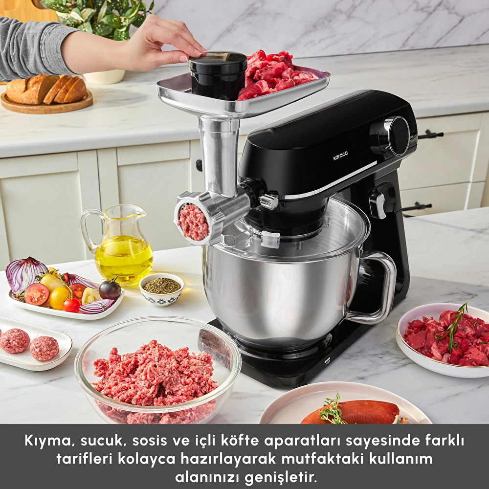Karaca Multichef Artisan Kıyma Çekme/ Sucuk-Sosis/İçli Köfte Aparatlı Digital Ekran Tam Döküm Kıyma Aparatlı Hamur Yoğurma Makinesi Black 7L görseli 9
