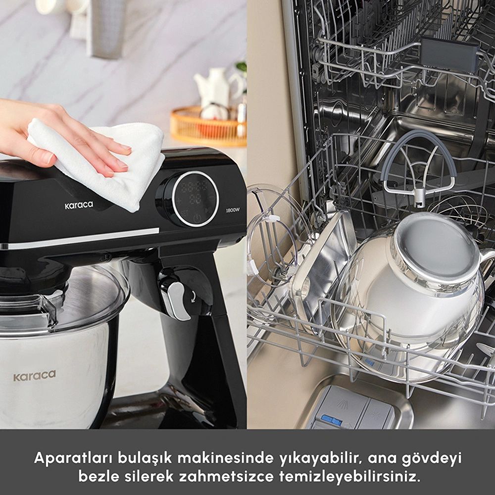 Karaca Multichef Artisan Kıyma Çekme/ Sucuk-Sosis/İçli Köfte Aparatlı Digital Ekran Tam Döküm Kıyma Aparatlı Hamur Yoğurma Makinesi Black 7L görseli 10