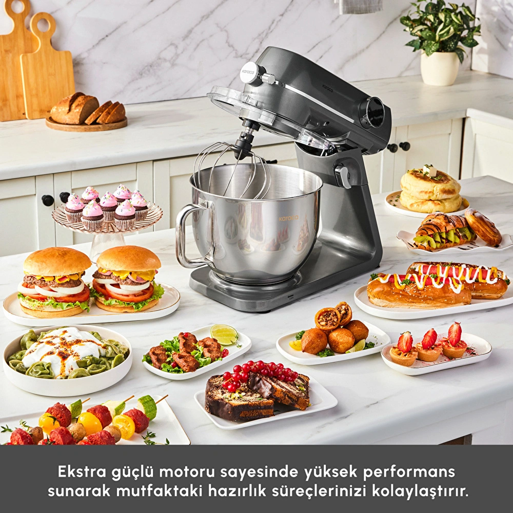 Karaca Multichef Artisan Kıyma Çekme/ Sucuk-Sosis/İçli Köfte Aparatlı Digital Ekran Tam Döküm Kıyma Aparatlı Hamur Yoğurma Makinesi Anthracite 7L görseli 4