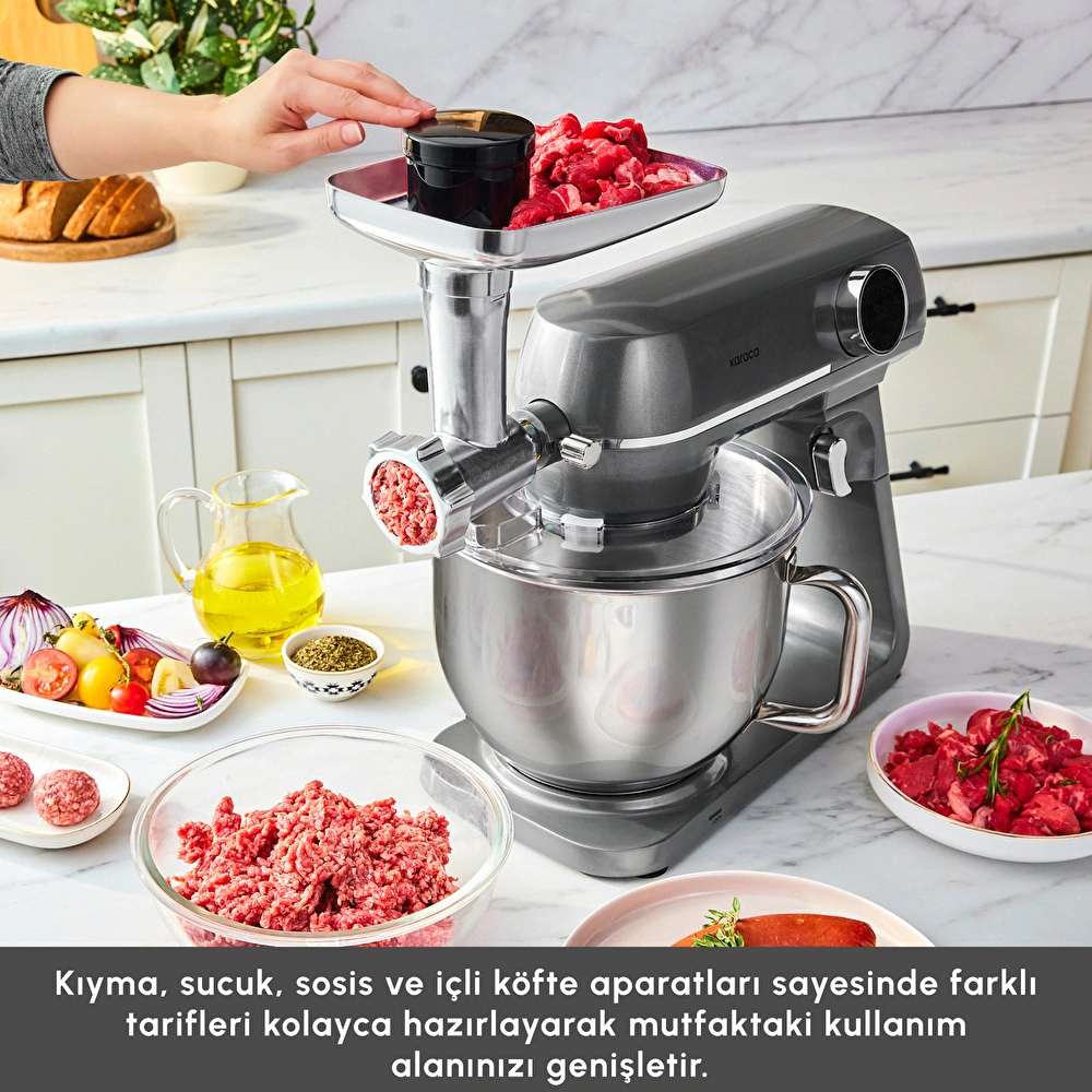 Karaca Multichef Artisan Kıyma Çekme/ Sucuk-Sosis/İçli Köfte Aparatlı Digital Ekran Tam Döküm Kıyma Aparatlı Hamur Yoğurma Makinesi Anthracite 7L görseli 10