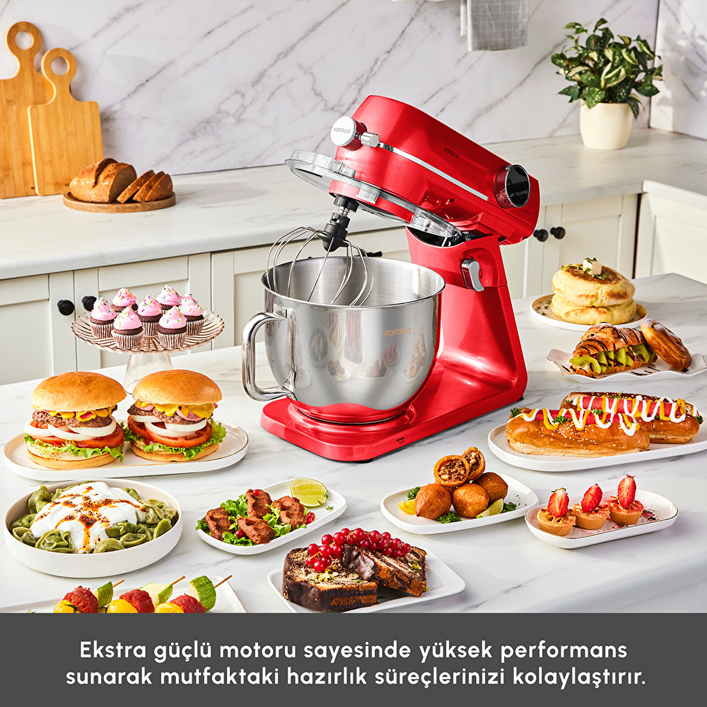Karaca Multichef Artisan Kıyma Çekme/ Sucuk-Sosis/İçli Köfte Aparatlı Digital Ekran Tam Döküm Kıyma Aparatlı Hamur Yoğurma Makinesi Red 7L görseli 4