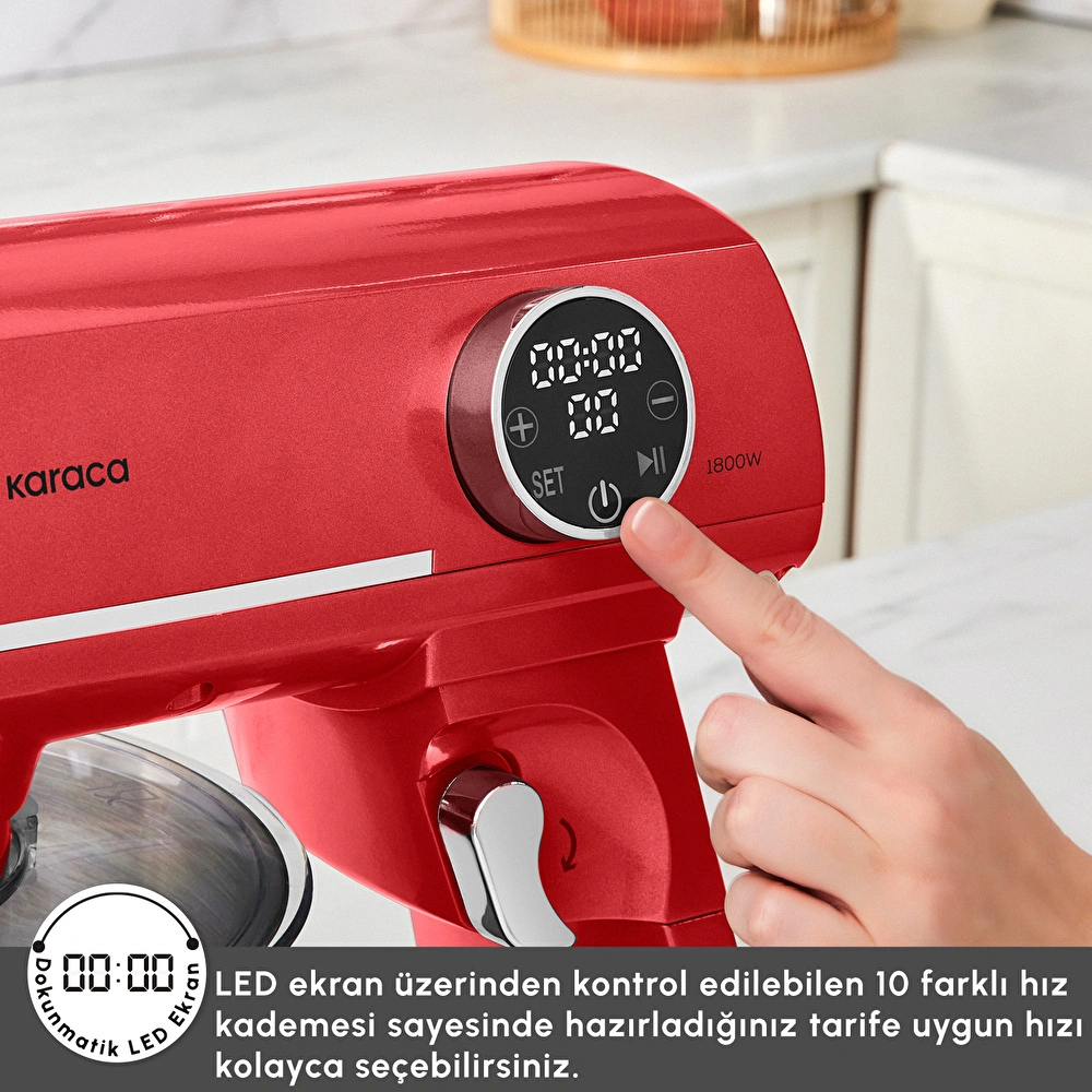 Karaca Multichef Artisan Kıyma Çekme/ Sucuk-Sosis/İçli Köfte Aparatlı Digital Ekran Tam Döküm Kıyma Aparatlı Hamur Yoğurma Makinesi Red 7L görseli 6