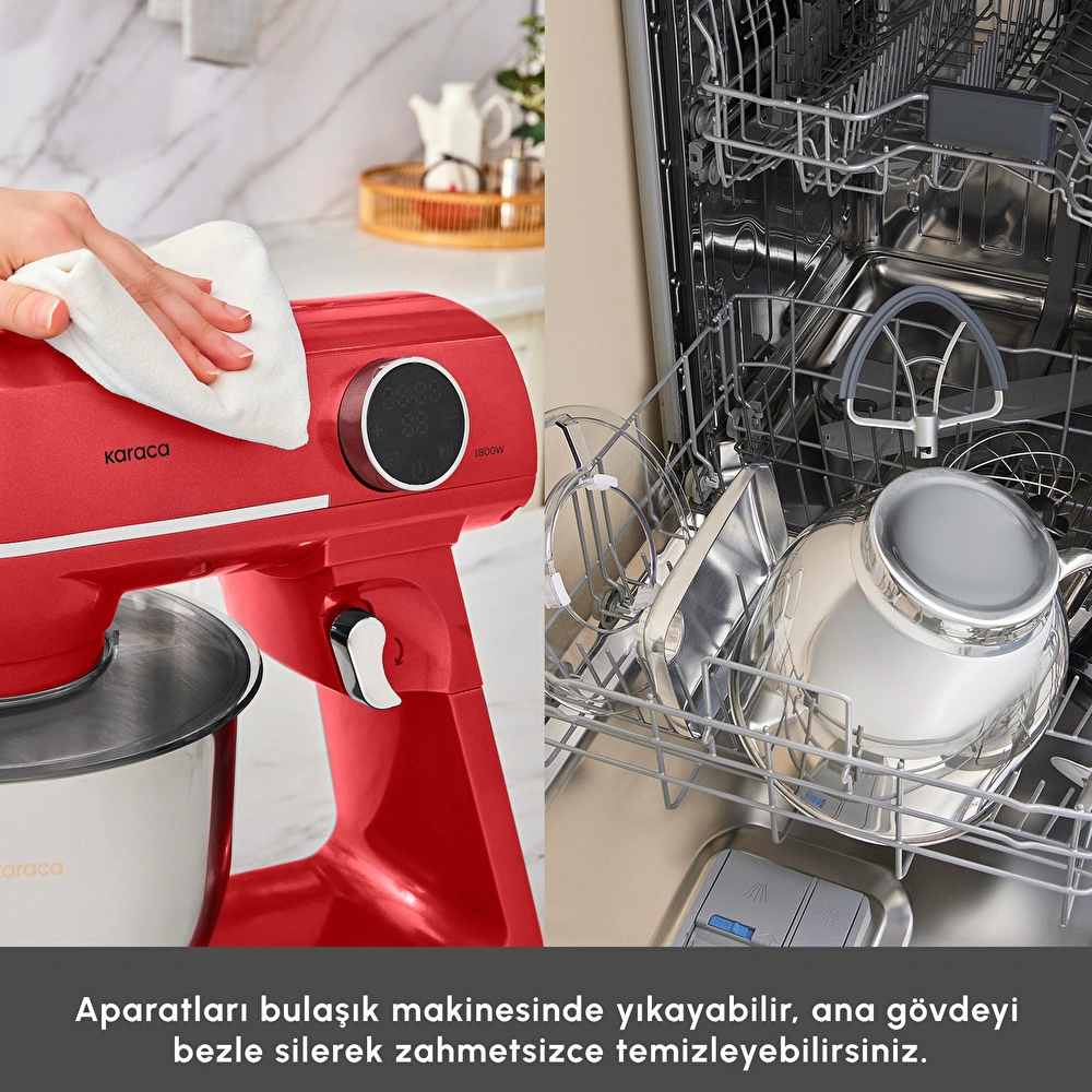 Karaca Multichef Artisan Kıyma Çekme/ Sucuk-Sosis/İçli Köfte Aparatlı Digital Ekran Tam Döküm Kıyma Aparatlı Hamur Yoğurma Makinesi Red 7L görseli 11