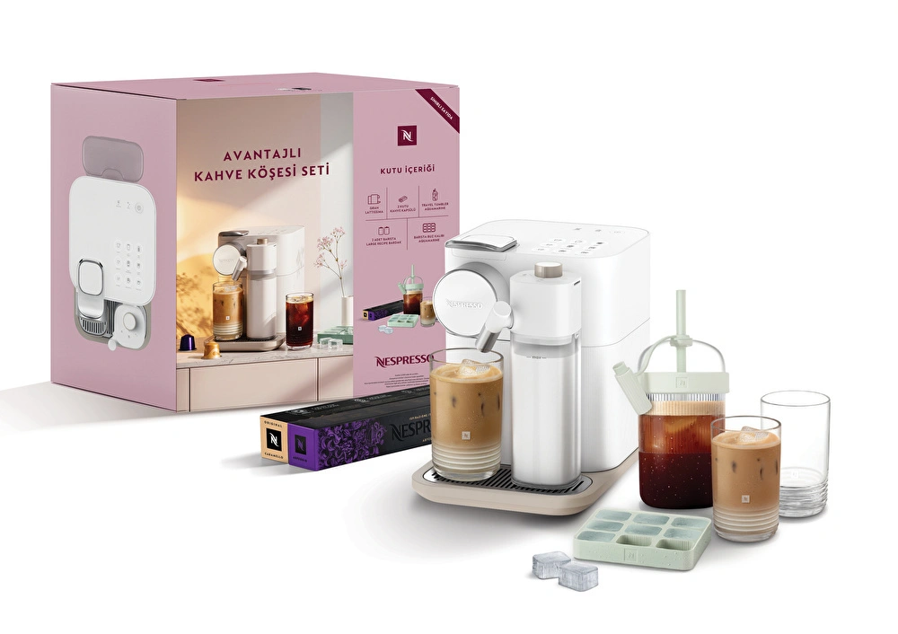Nespresso F541 Gran Lattissima Beyaz Kahve Makinesi Seti ve Kahve Aksesuarları ile 2 Kapsül Termos Bardak ve Buz Kalıbı görseli 1