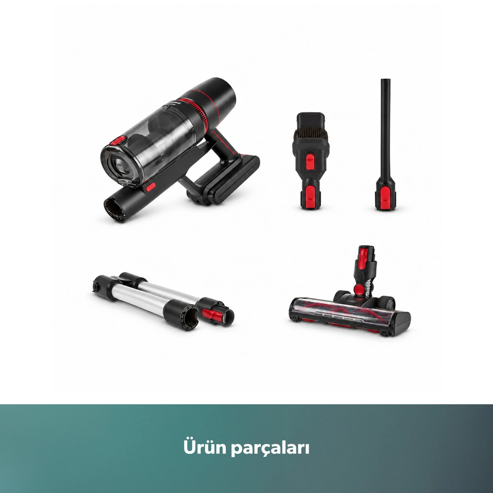 Homend Dustrıder 1273H Kablosuz Katlanabilir Borulu Şarjlı Dikey Süpürge Kırmızı görseli 10