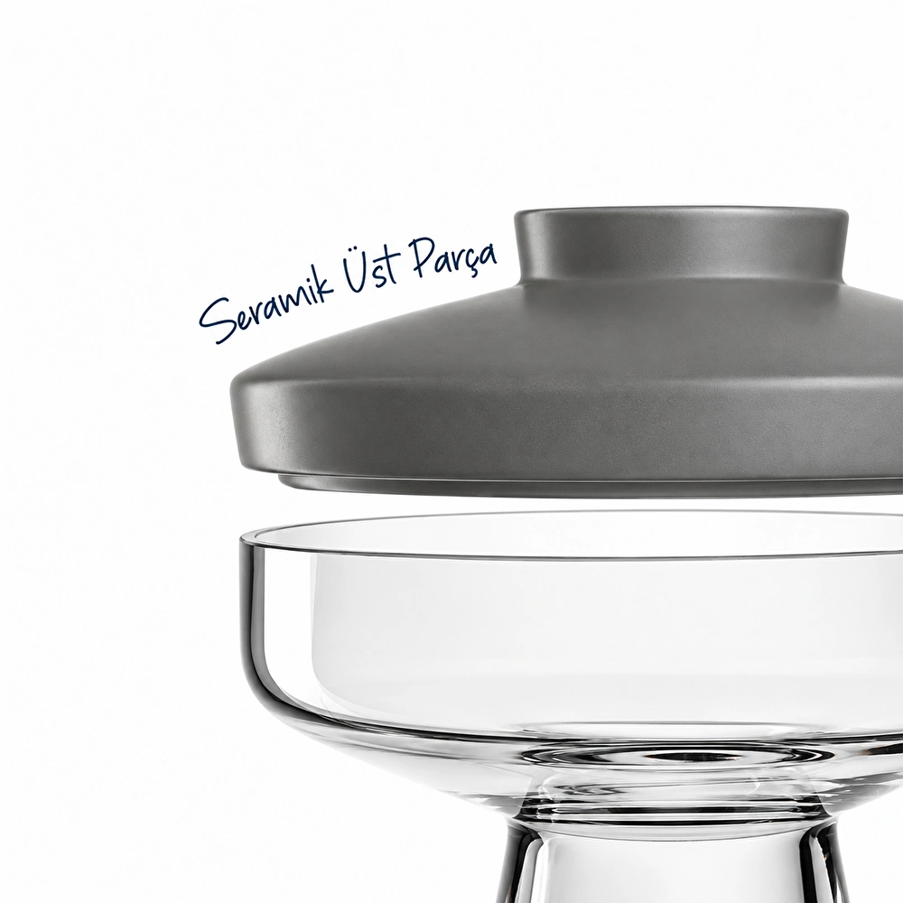 Leonardo Riva El Yapımı Premium Dekoratif Gri Porselen Kapaklı Vazo ve Cam Kase 22 cm görseli 8