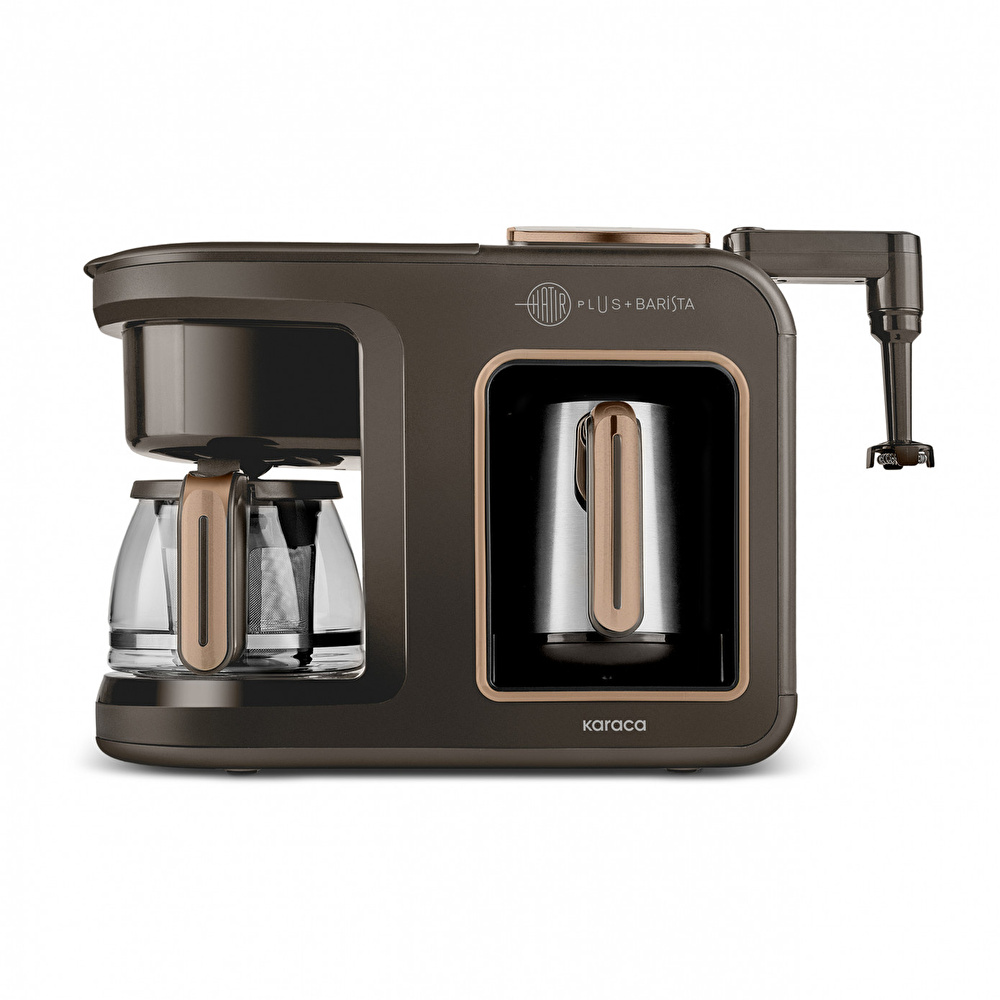 Karaca Hatır Plus Barista Steel 6 in 1 Konuşan Latte Cappuccino ve Közde Türk Kahve Makinesi Walnut Brown videosu