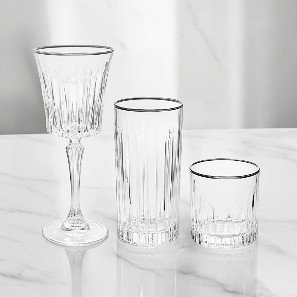 RCR Timeless Yüksek Kalite Cam 6'lı Platin Rimli Meşrubat Bardağı Seti 440 ml görseli 2