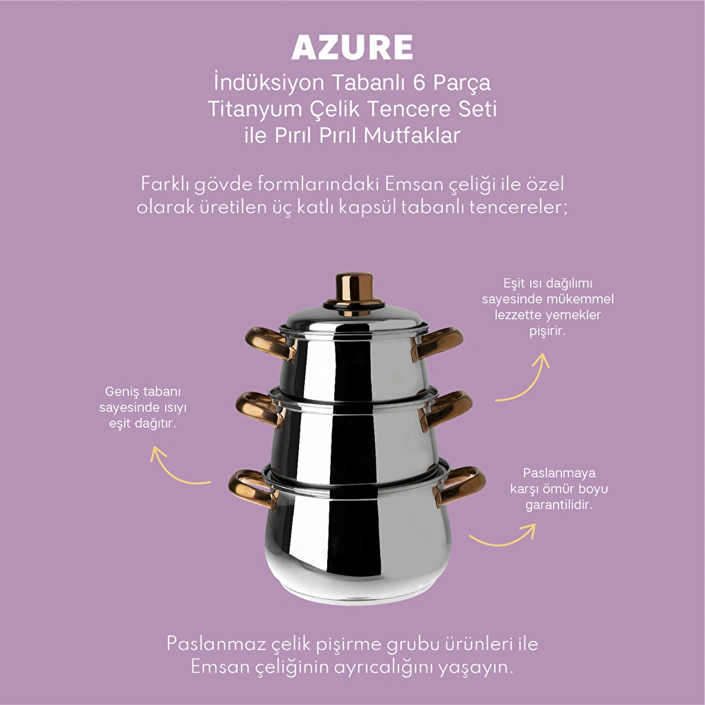 Emsan Azure İndüksiyon Tabanlı 6 Parça Titanyum Çelik Tencere Seti Rose Gold görseli 7