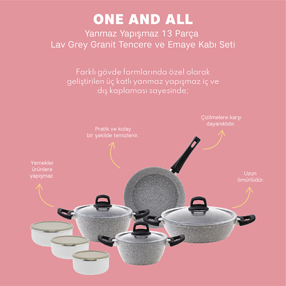 Emsan One And All Lav Grey 13 Parça Granit Tencere ve Emaye Saklama Kabı Seti görseli 17