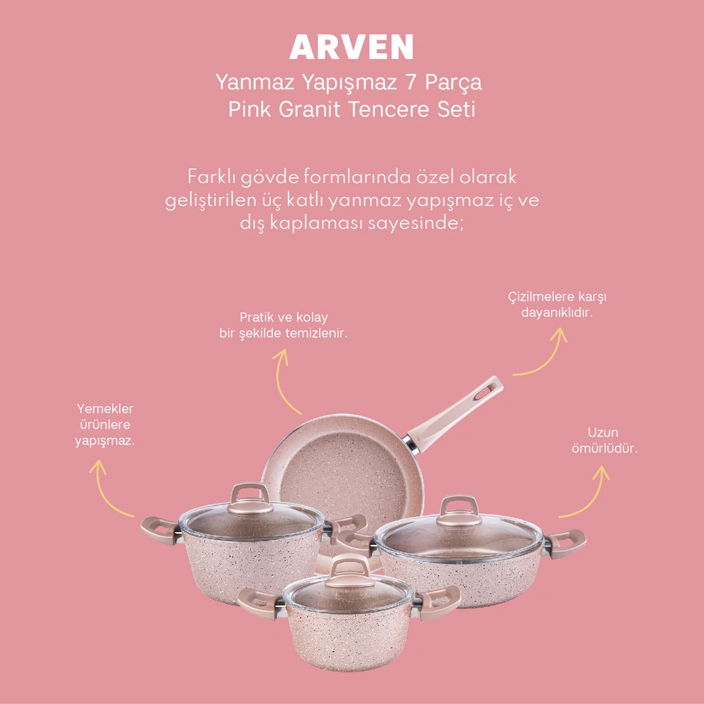 Emsan Arven 7 Parça Pink Granit Tencere Seti görseli 8