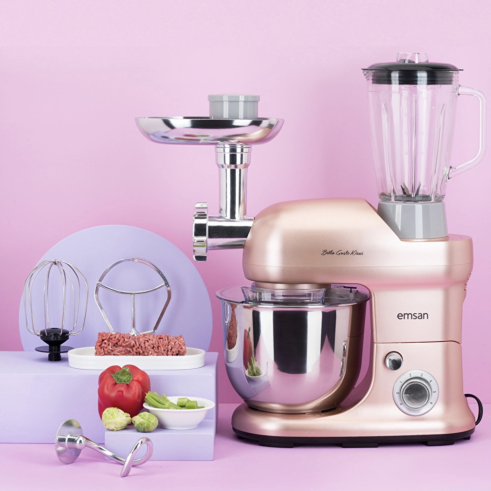 Emsan Bella Gusto Maxi Golden Pink Kıyma Çekme /Sucuk-Sosis/İçli Köfte Aparatlı/Smooth Hazneli Hamur Yoğurma Makinesi 1300W 5L görseli 1