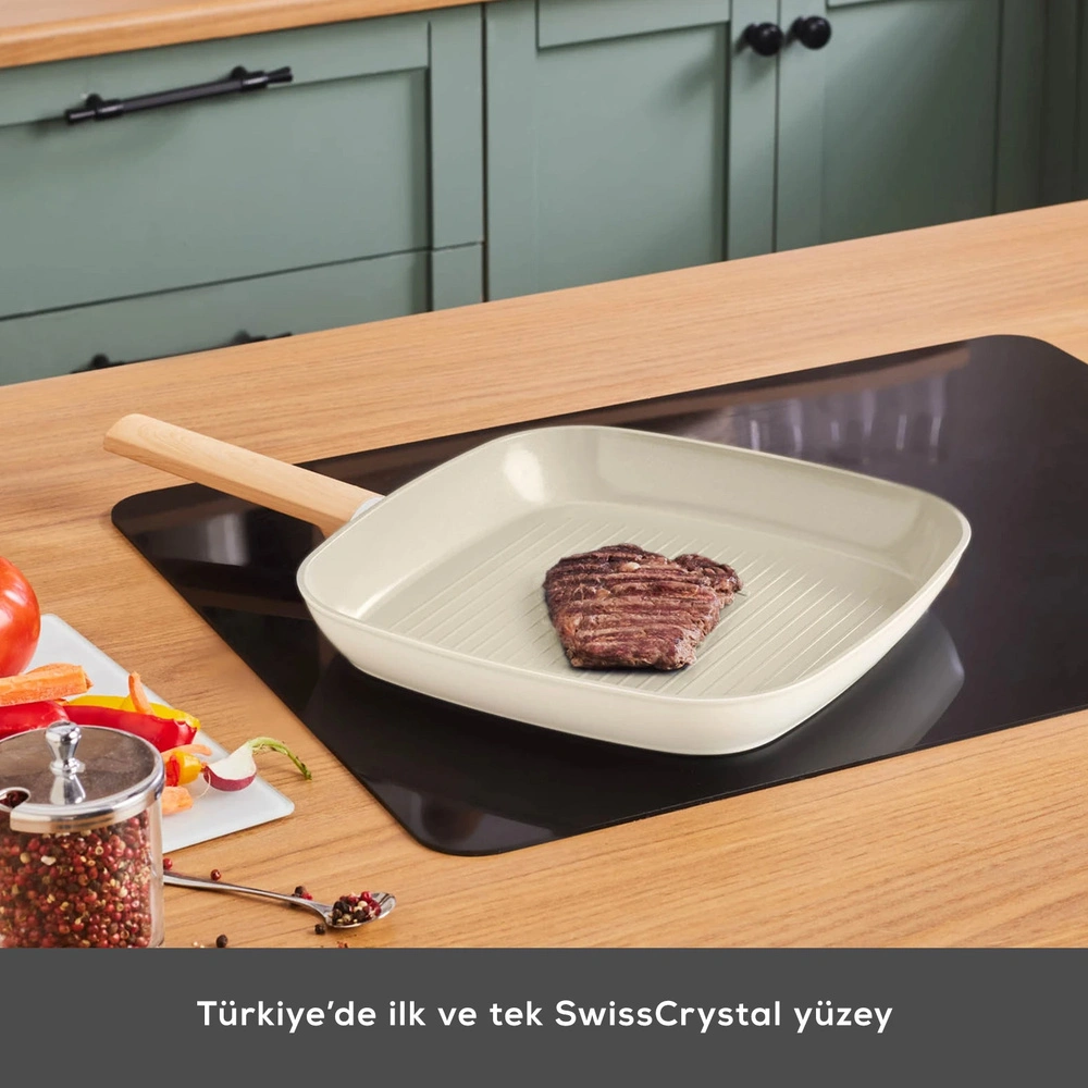 Karaca x Refika Swiss Crystal Almond Cream İndüksiyon Tabanlı 28 cm Grill Tava  görseli 3