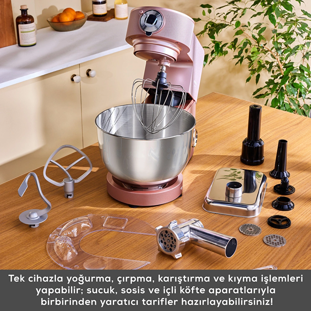 Karaca Multichef Ultra Kıyma Çekme/Sucuk-Sosis/İçli Köfte Aparatlı Hamur Yoğurma Makinesi Rosegold 2000W 8L görseli 5