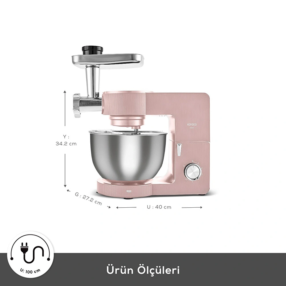 Karaca Multichef Ultra Kıyma Çekme/Sucuk-Sosis/İçli Köfte Aparatlı Hamur Yoğurma Makinesi Rosegold 2000W 8L görseli 2