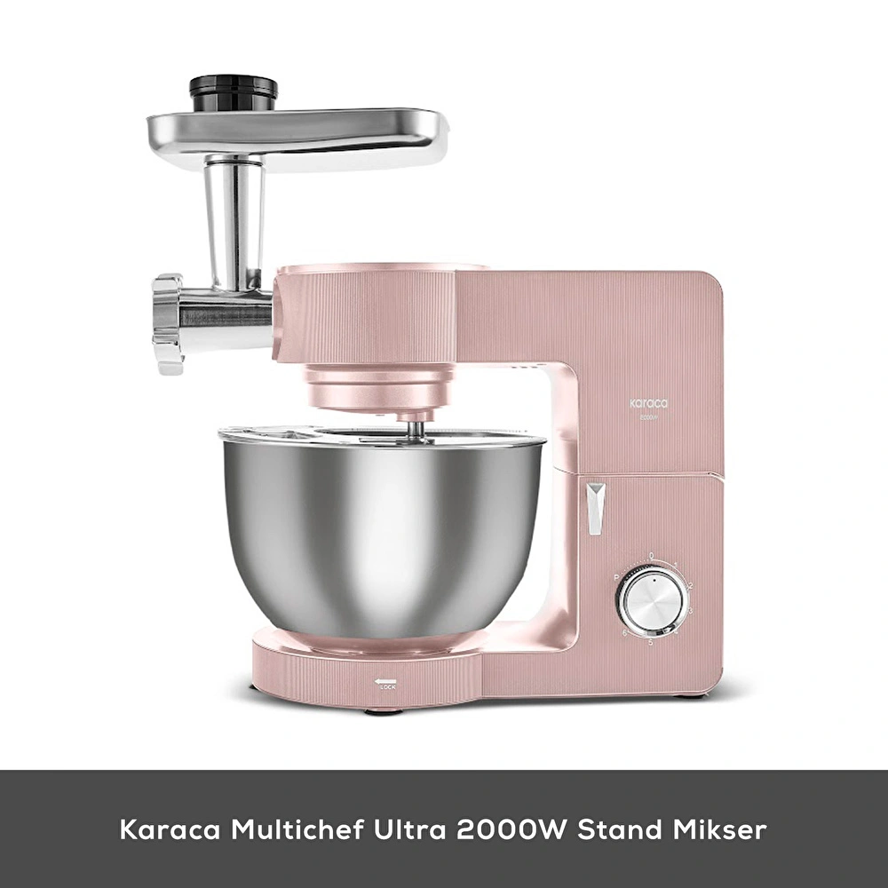 Karaca Multichef Ultra Kıyma Çekme/Sucuk-Sosis/İçli Köfte Aparatlı Hamur Yoğurma Makinesi Rosegold 2000W 8L görseli 3