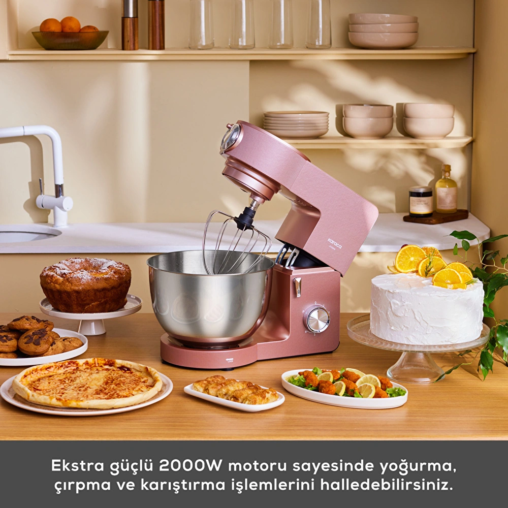 Karaca Multichef Ultra Kıyma Çekme/Sucuk-Sosis/İçli Köfte Aparatlı Hamur Yoğurma Makinesi Rosegold 2000W 8L görseli 4