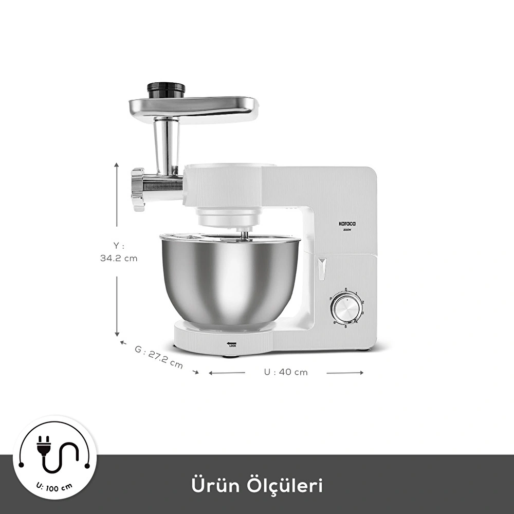 Karaca Multichef Ultra Kıyma Çekme/Sucuk-Sosis/İçli Köfte Aparatlı Hamur Yoğurma Makinesi Porcelain White 2000W 7L görseli 3