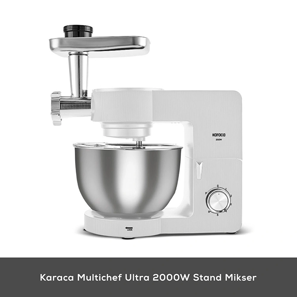 Karaca Multichef Ultra Kıyma Çekme/Sucuk-Sosis/İçli Köfte Aparatlı Hamur Yoğurma Makinesi Porcelain White 2000W 7L görseli 2
