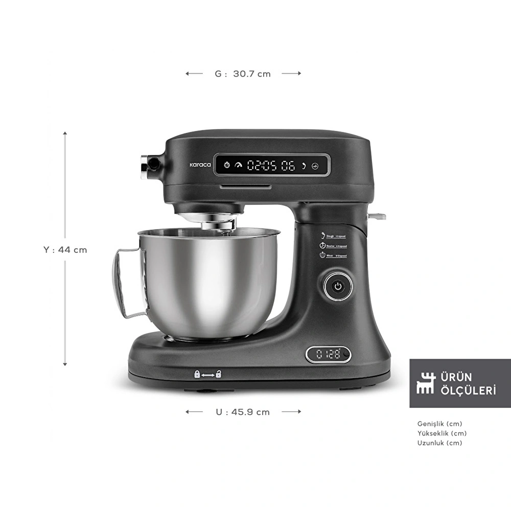 Karaca Pro Artisan Tartılı Dijital Ekran Zaman Ayarlı Döküm Hamur Yoğurma Makinesi Matte Black 5L görseli 2