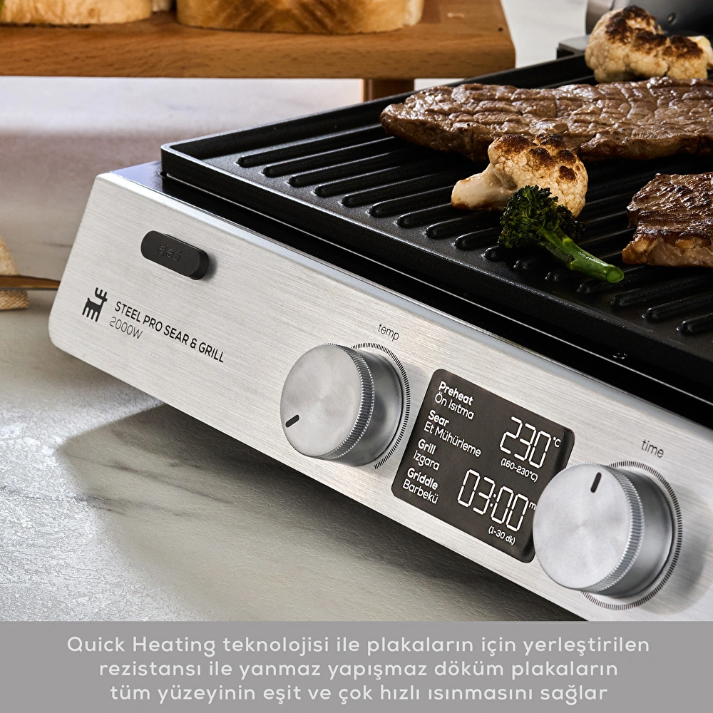 Karaca Compact Steel Pro Sear and Grill Inox 2007 Döküm Izgara ve Tost Makinesi 6 Dilim Kapasiteli görseli 3