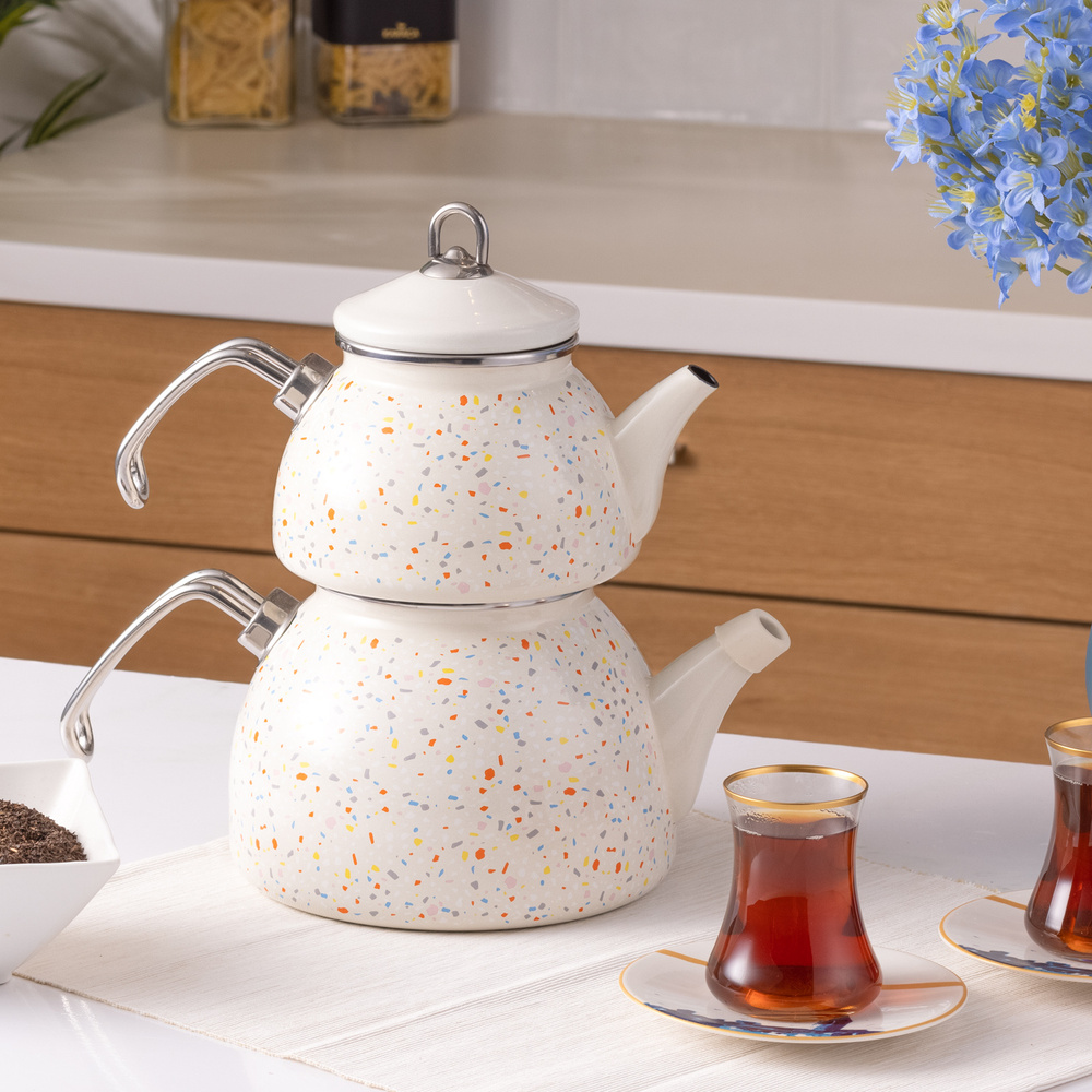 Karaca Emaye Midi Terazzo Krem Çaydanlık Takımı görseli 1