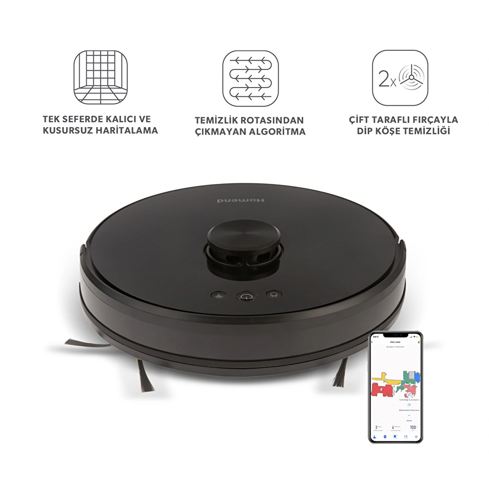 Homend Alex Laser 1282H Moplu ve Haritalamalı Akıllı Robot Süpürge Siyah görseli 1