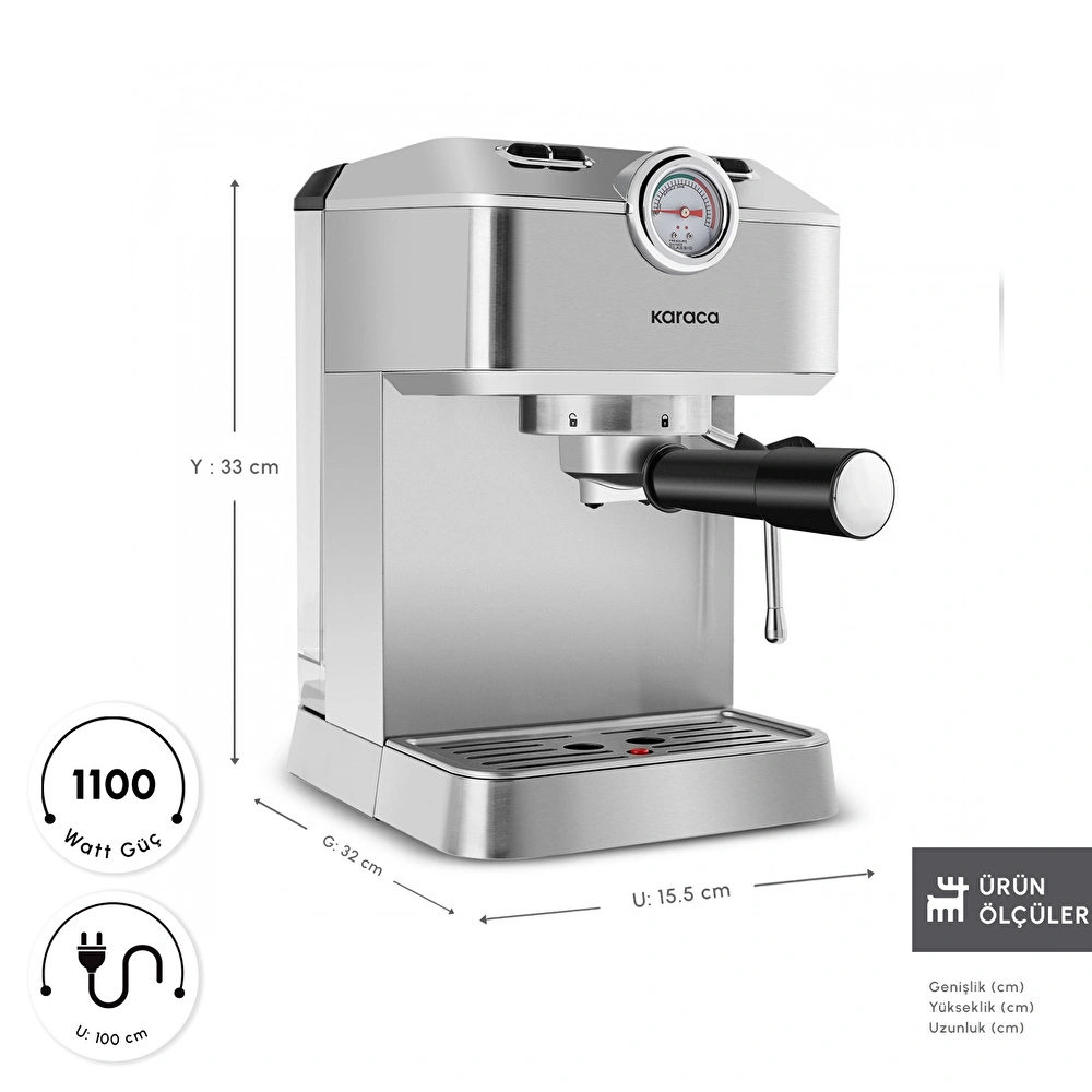 Karaca Coffee Art 1101 Süt Köpürtücülü, 20 Bar Basınçlı, Espresso, Latte, Cappuccino, Americano Makinesi Inox 1,5L 1100W görseli 2