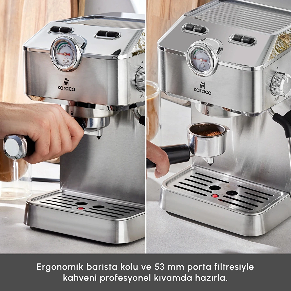 Karaca Coffee Art 1101 Süt Köpürtücülü, 20 Bar Basınçlı, Espresso, Latte, Cappuccino, Americano Makinesi Inox 1,5L 1100W görseli 5
