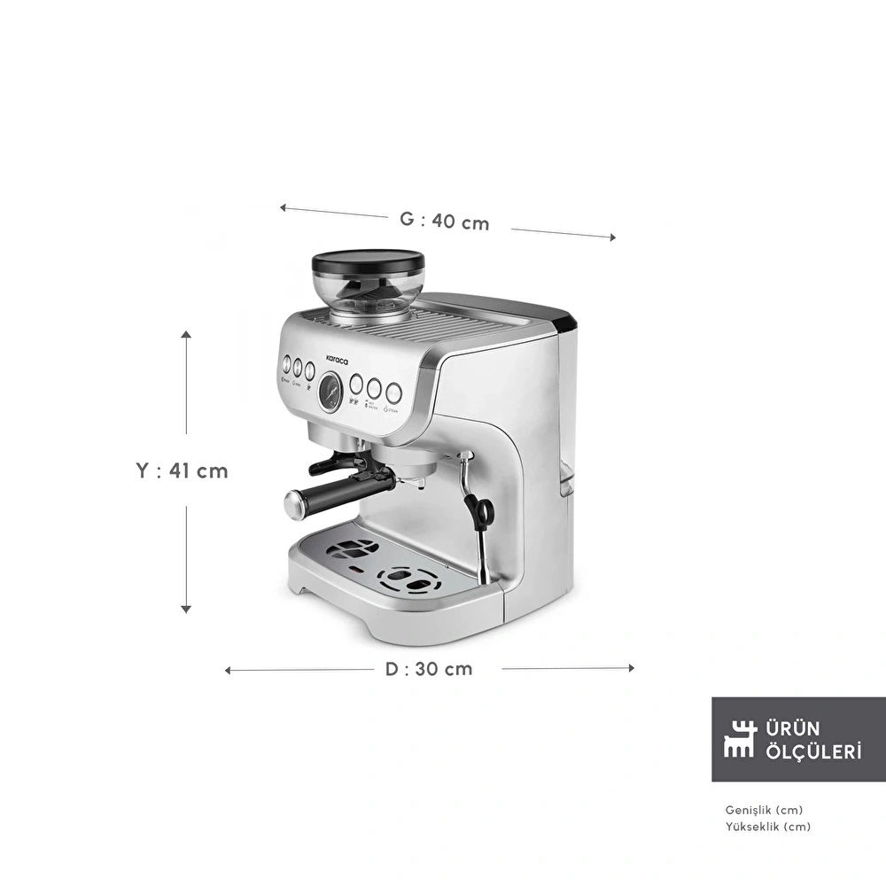 Karaca Coffee Art Barista Kahve Öğütücülü, Süt Köpürtücülü, 15 Bar Basınçlı Espresso, Latte, Cappuccino, Americano Makinesi Silver 2L 1450W görseli 2