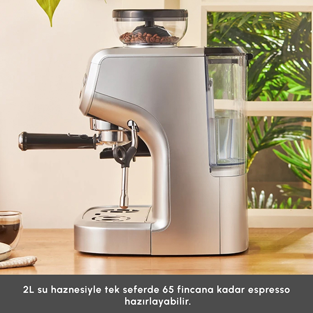 Karaca Coffee Art Barista Kahve Öğütücülü, Süt Köpürtücülü, 15 Bar Basınçlı Espresso, Latte, Cappuccino, Americano Makinesi Silver 2L 1450W görseli 5
