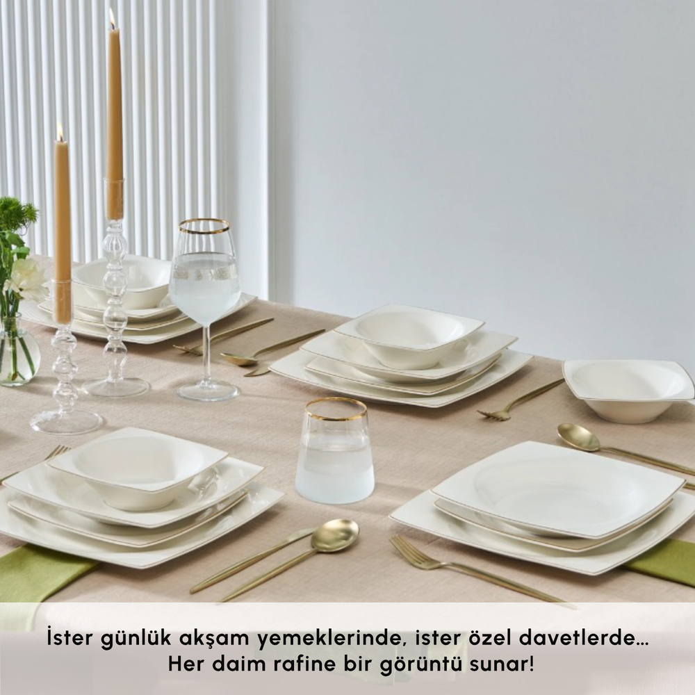 Karaca Square Bone Mensa 24 Parça 6 Kişilik Yemek Takımı Beyaz  görseli 9