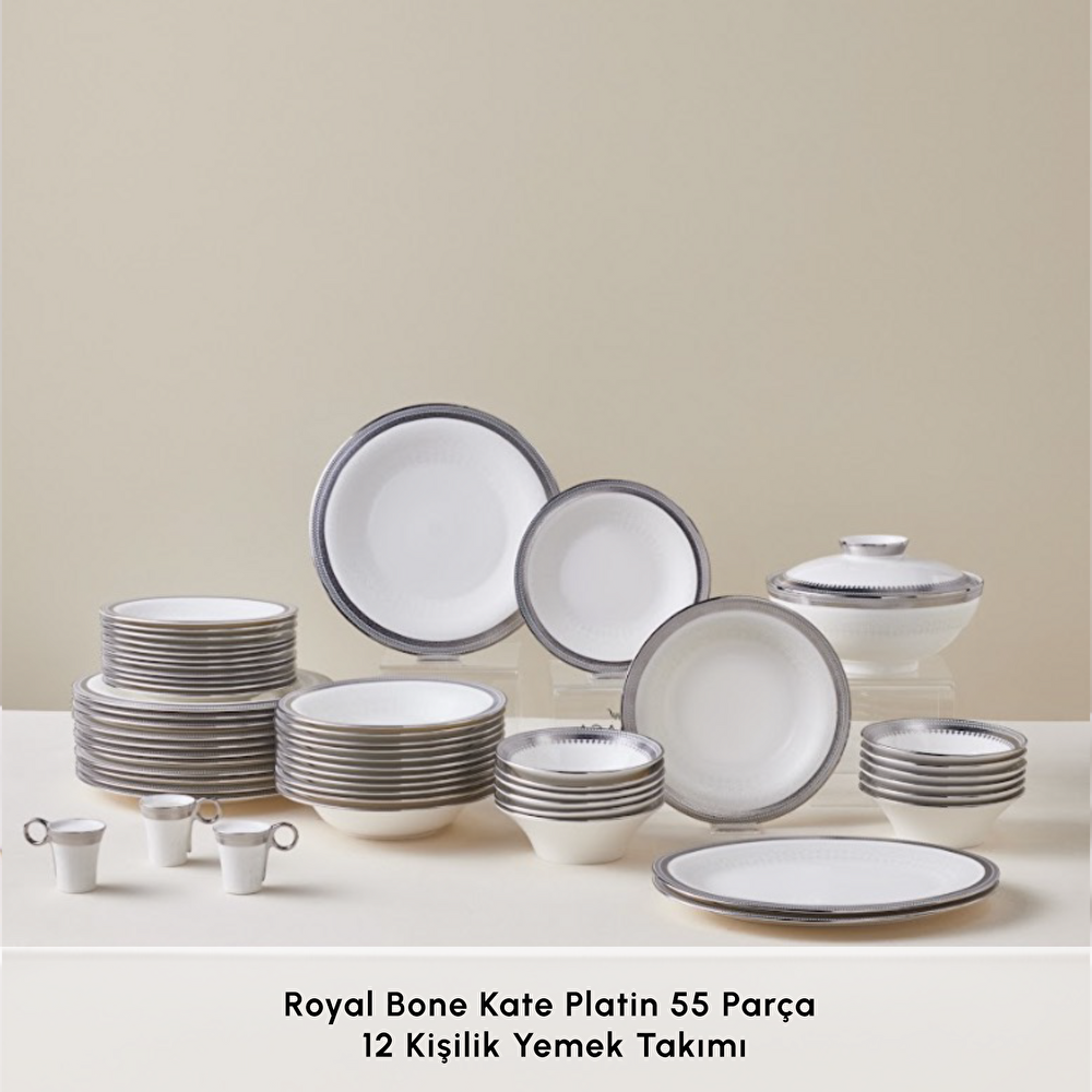 Karaca Royal Bone Kate 55 Parça 12 Kişilik Yemek Takımı Platin  görseli 3