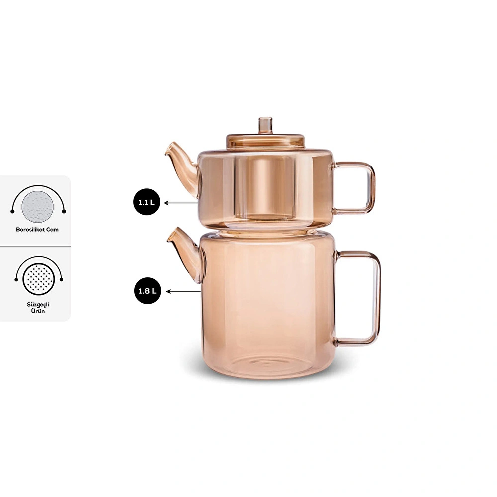 Karaca Flat Borosilikat Cam Midi Çaydanlık Takımı Amber 1,1L & 1,8L görseli 2